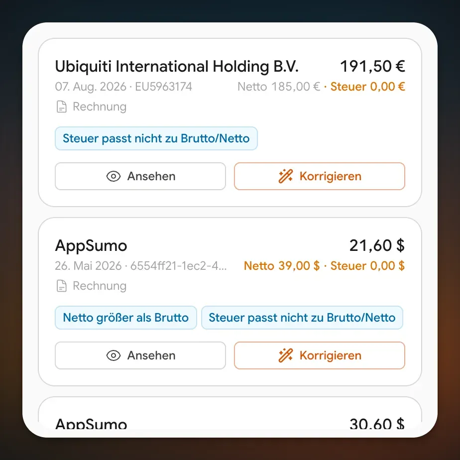 Kosts-Ansicht mit markierten Belegen, bei denen Angaben fehlen oder auffällig sind
