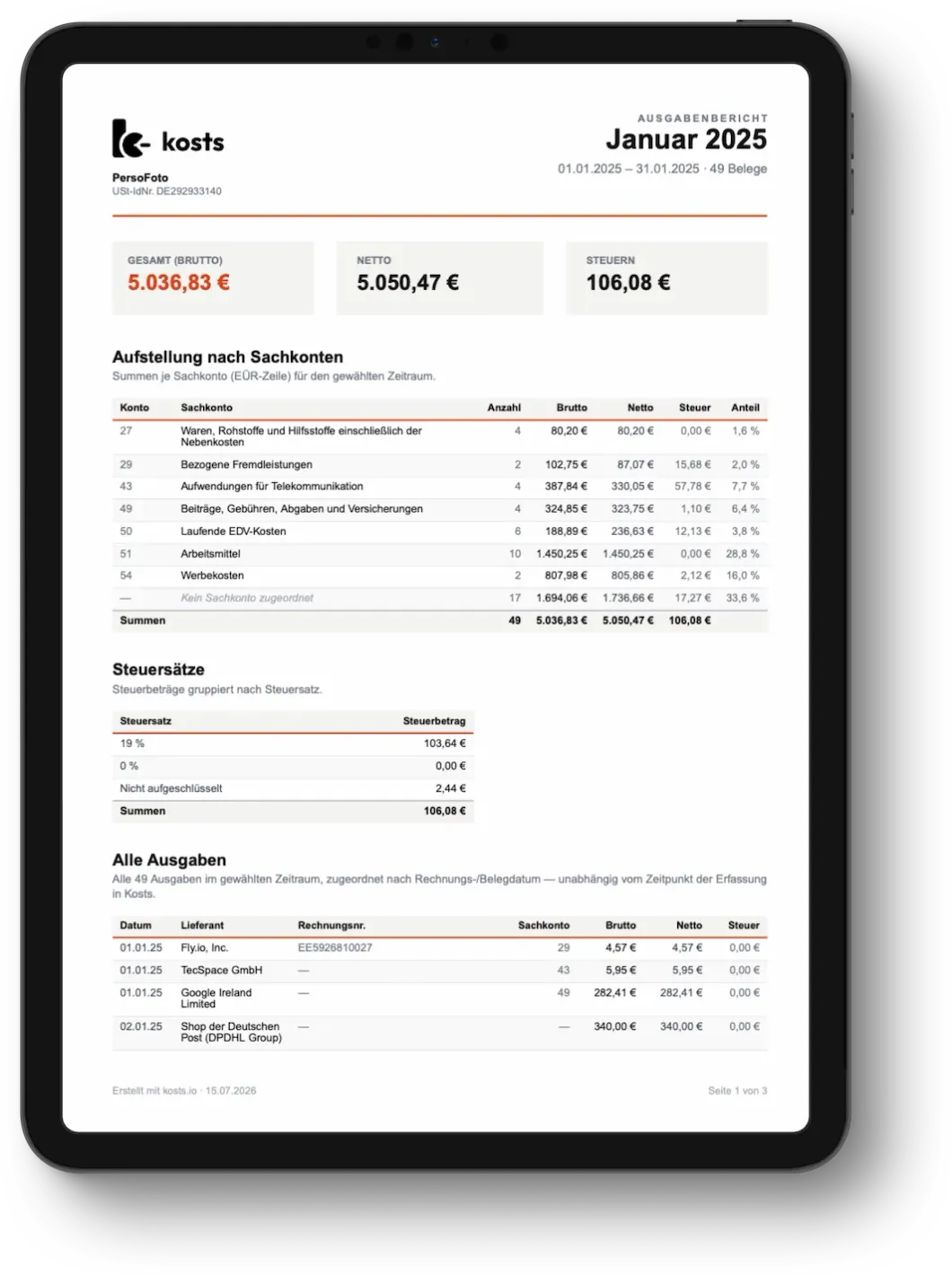 Ein Monatsbericht von Kosts auf einem Tablet: Kennzahlen oben, darunter die Aufstellung nach Sachkonten