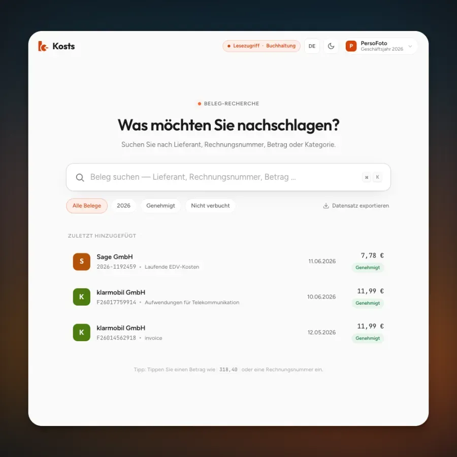 Die Beleg-Recherche im Kanzlei-Portal von Kosts: Suche nach Lieferant, Rechnungsnummer, Betrag oder Kategorie